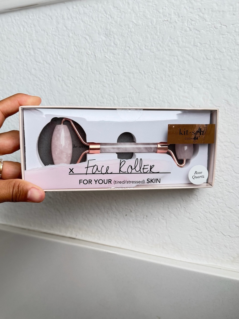 Kitsch Rose Quartz Facial Roller with Rose Gold Accents